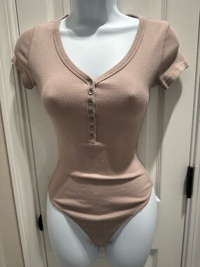 Abercrombie & Fitch Ribbed Henley Bodysuit in Tan